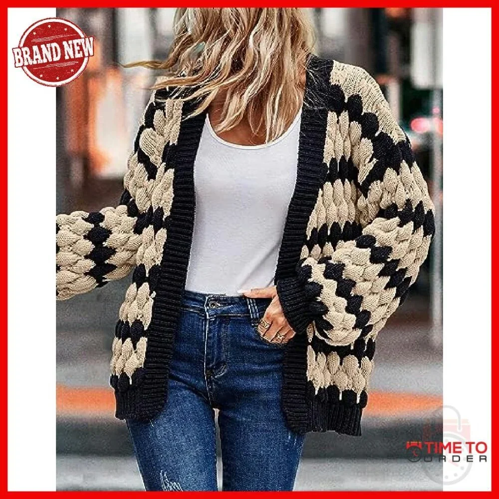 Chunky Knit Cardigan Open Front Lantern Sleeve Winter Sweater Cozy